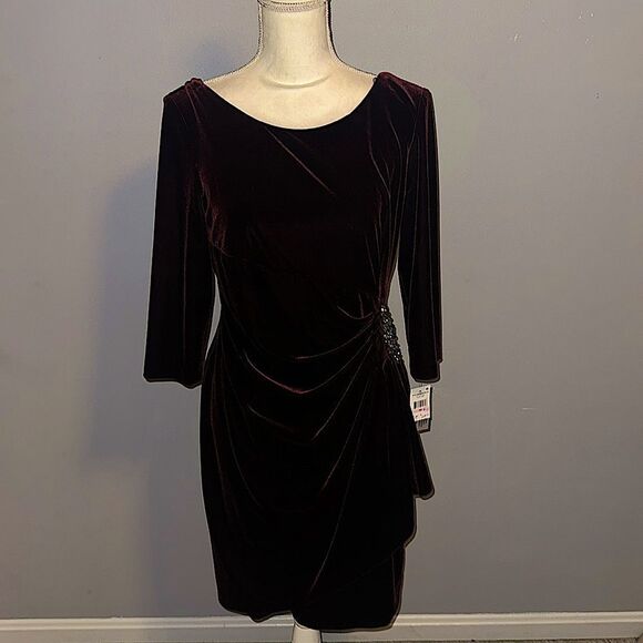 🌸HP🌸ALEX EVENINGS Stretch Velvet Ruched Petite Dress with Beaded Hip! - Picture 4 of 13